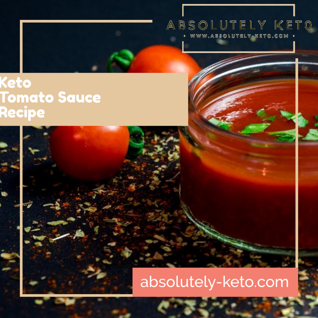 Perfect Keto Tomato Ketchup written in white on a background or tomatoes and a clear glass bowl of ketchup