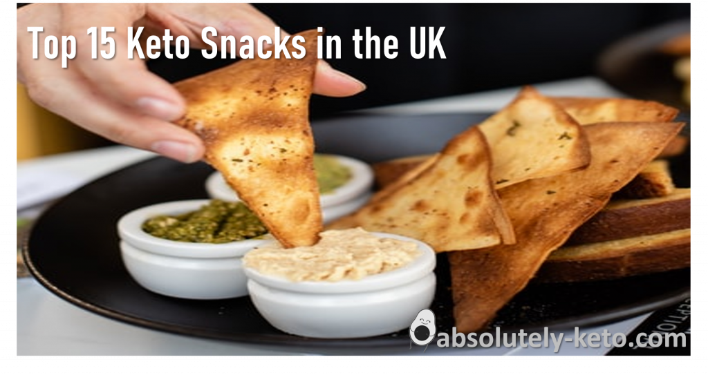 'The Best Keto Snacks in the UK' written in whte on a background of various keto snacks